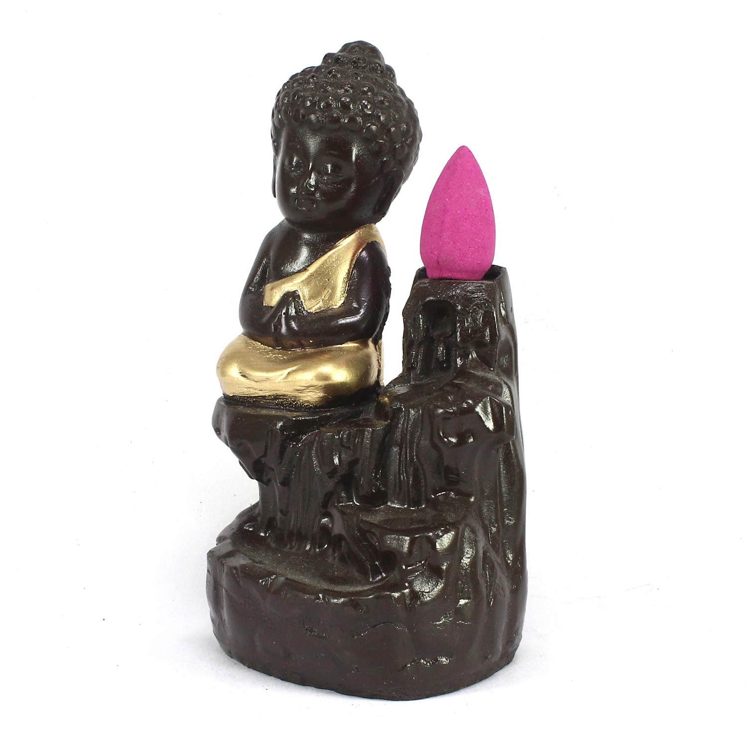 eCraftIndia Black Golden Meditating Monk Buddha Statue Smoke Backflow Incense Holder with Incense Cones Showpiece for Home Decor